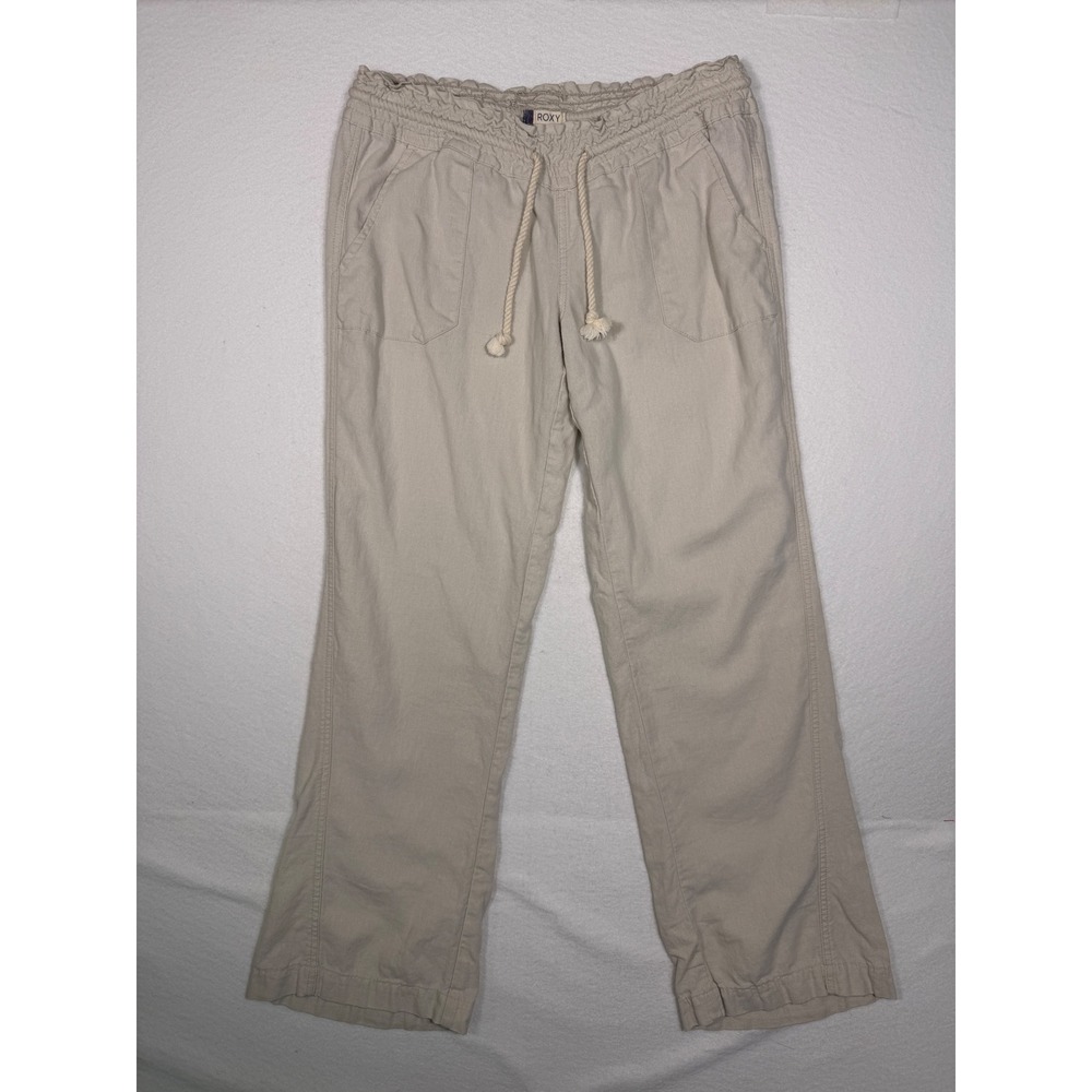 Roxy Oceanside Linen Blend Pants Women MED Beige Elastic Waist Drawstring Beach